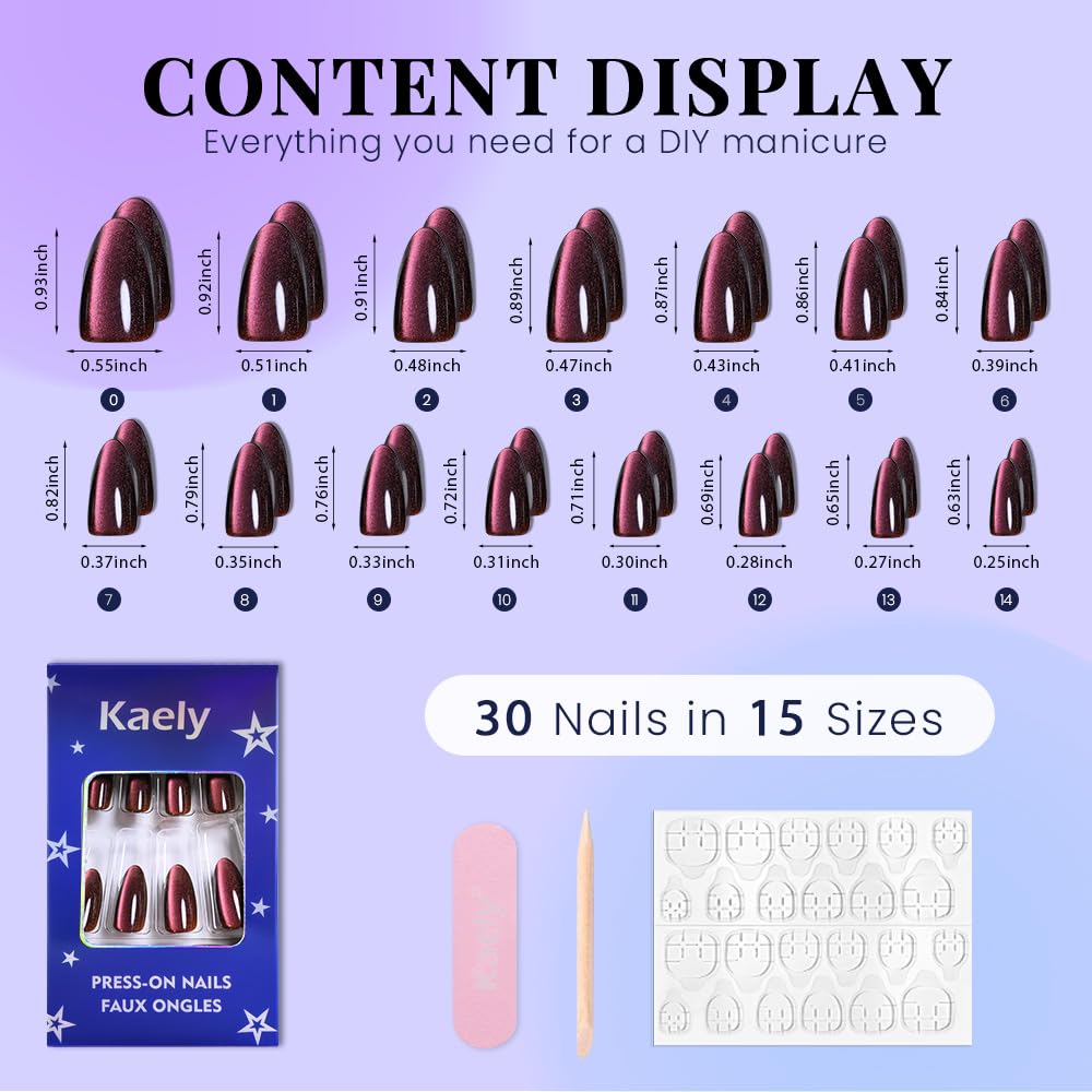evpct Purple Red Cat Eye Chrome Press on Nails Almond Medium with Design, Holographic Medium Almond Stick on Fake Nails for Women, Glossy Cat Eye Effect, Perfectly Fit Salon-quality Soft False Nail