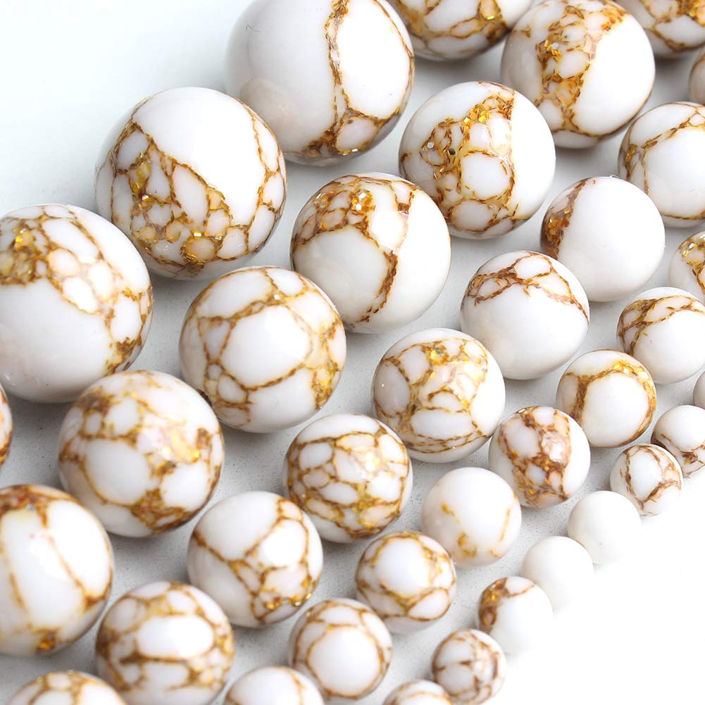 NITOPUPU 10mm 37pcs White Howlite Spun Gold Natural Stone Beads for Jewelry Making Supplies, Round Crystal Beads for Bracelets Necklace DIY Crafts