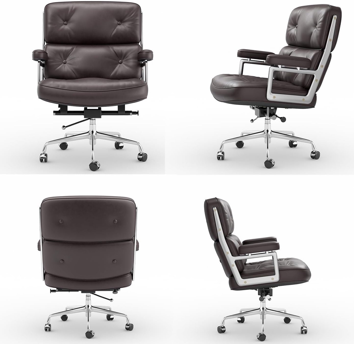 Genuine Leather Office Chair, Padded Mid Back Conference Desk Chair with Aluminum Arms and Leg, Executive Swivel Leather Chairs with Wheels, Thickened Backrest and Ergonomic Lumbar Support, Brown
