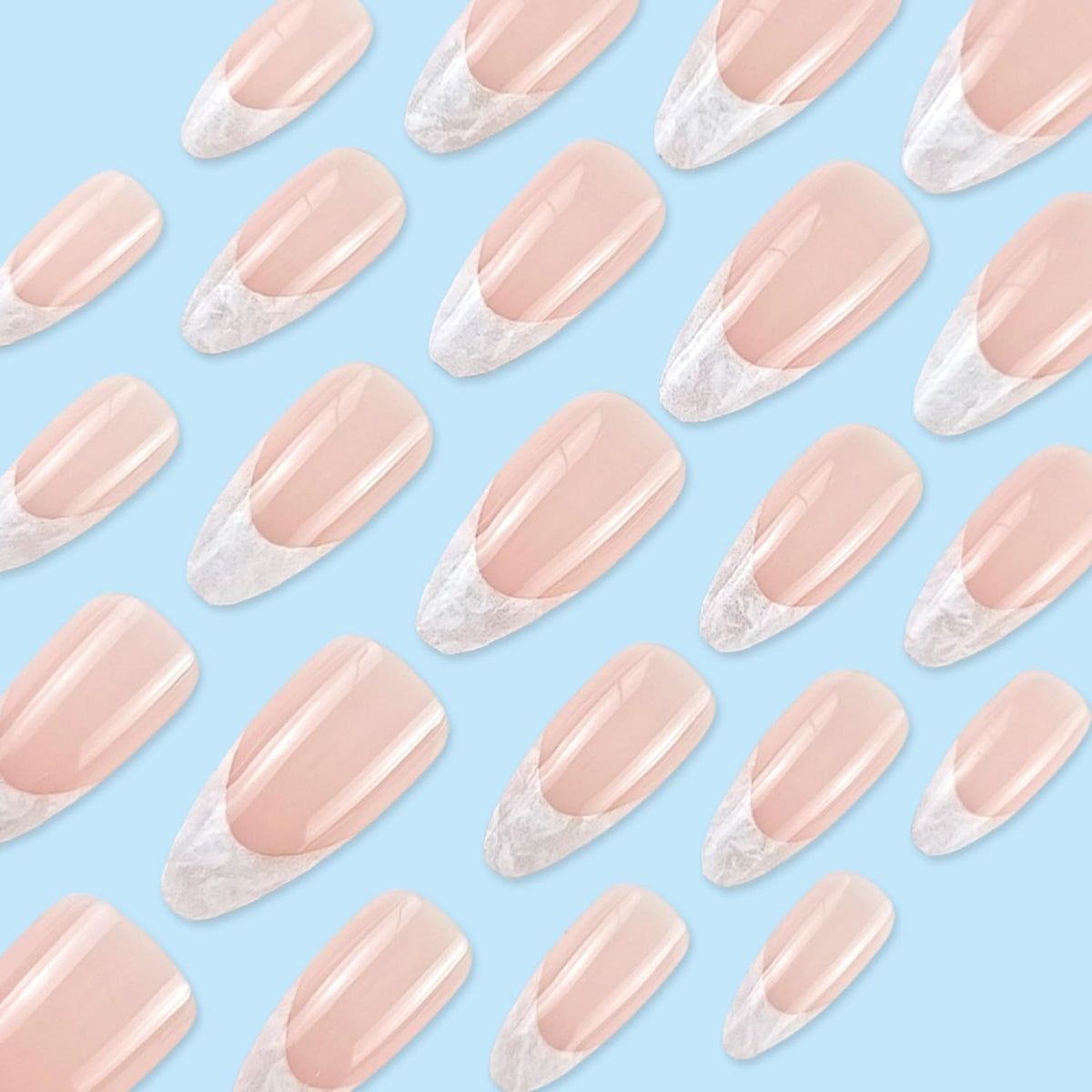 French Tip Press On Nails Medium Almond Fake Nails Nude False Nails With Marbling Design Full Cover Acrylic Glue On Nail Artificial Reusable Stick On Nail For Women DIY Manicure Decorations 24 Pcs