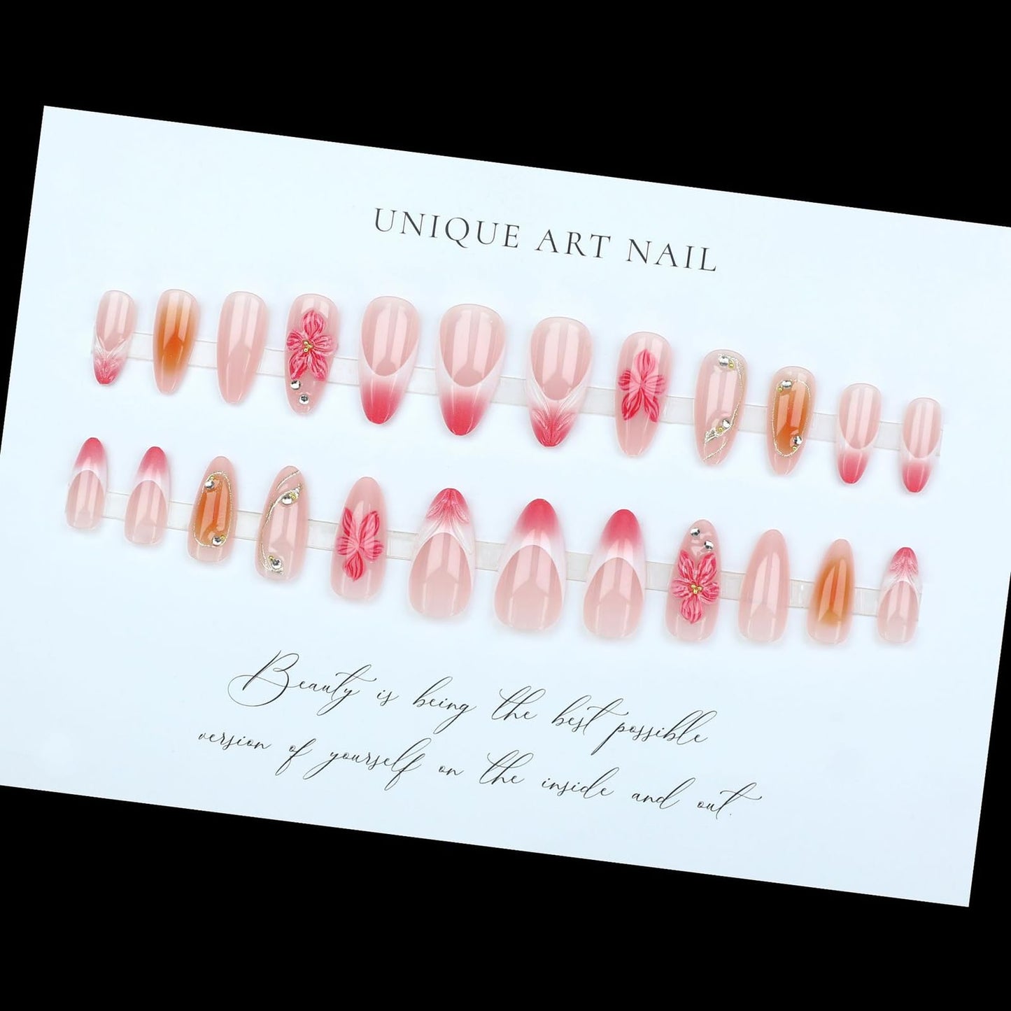 French Long Almond Press on Nails 3D Pink Flower Fake Nails Pink Ombre Handmade Gold Gilding Stick on Nails Golden Lines Acrylic False Nails for Women DIY 24Pcs