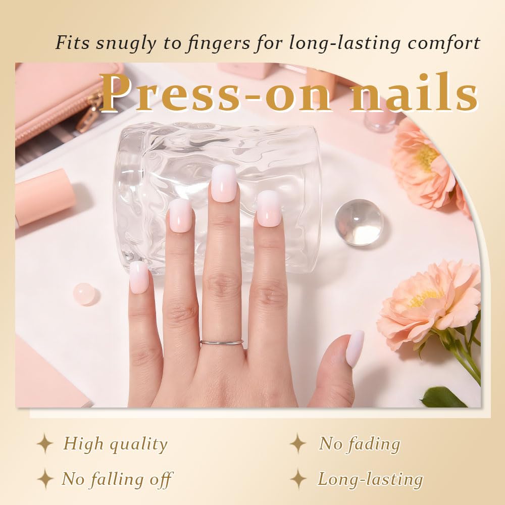 evpct Ombre White to Nude Press on Nails Extra Short, Petite Short Square Glossy Stick on Nails for Women Gift with Manicure Kit, Reusable Soft Gel Stick on Fake Nail with Ombre Designs Perfectly Fit