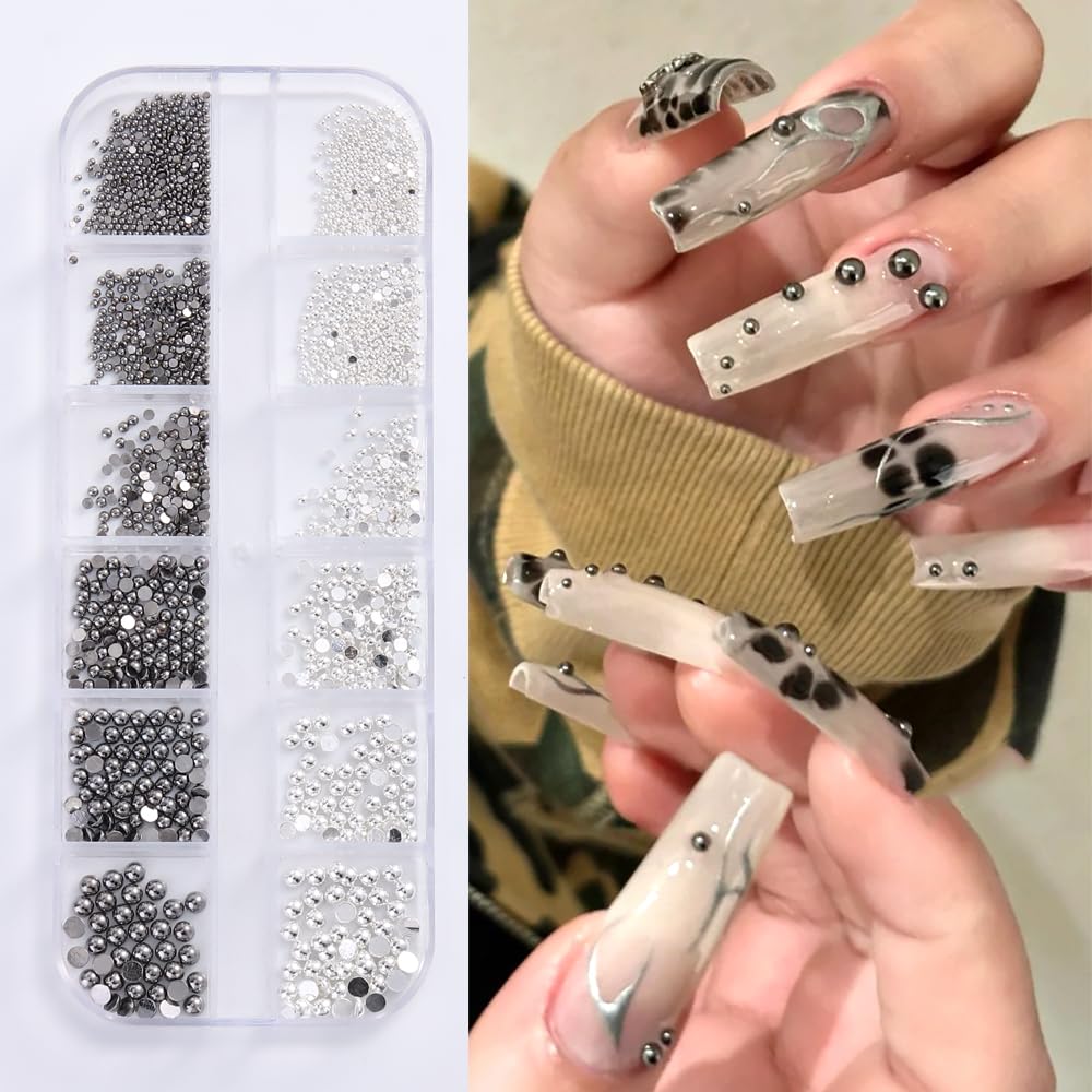 Mini Metal Nail Beads 3D Nail Art Charms, Mixed Sizes Silver Gun Grey Half Round Flatback Stainless Steel Caviar Beads Nail Studs Jewelry with Pickup Tweezers for DIY Nail Art and Crafting Decorations