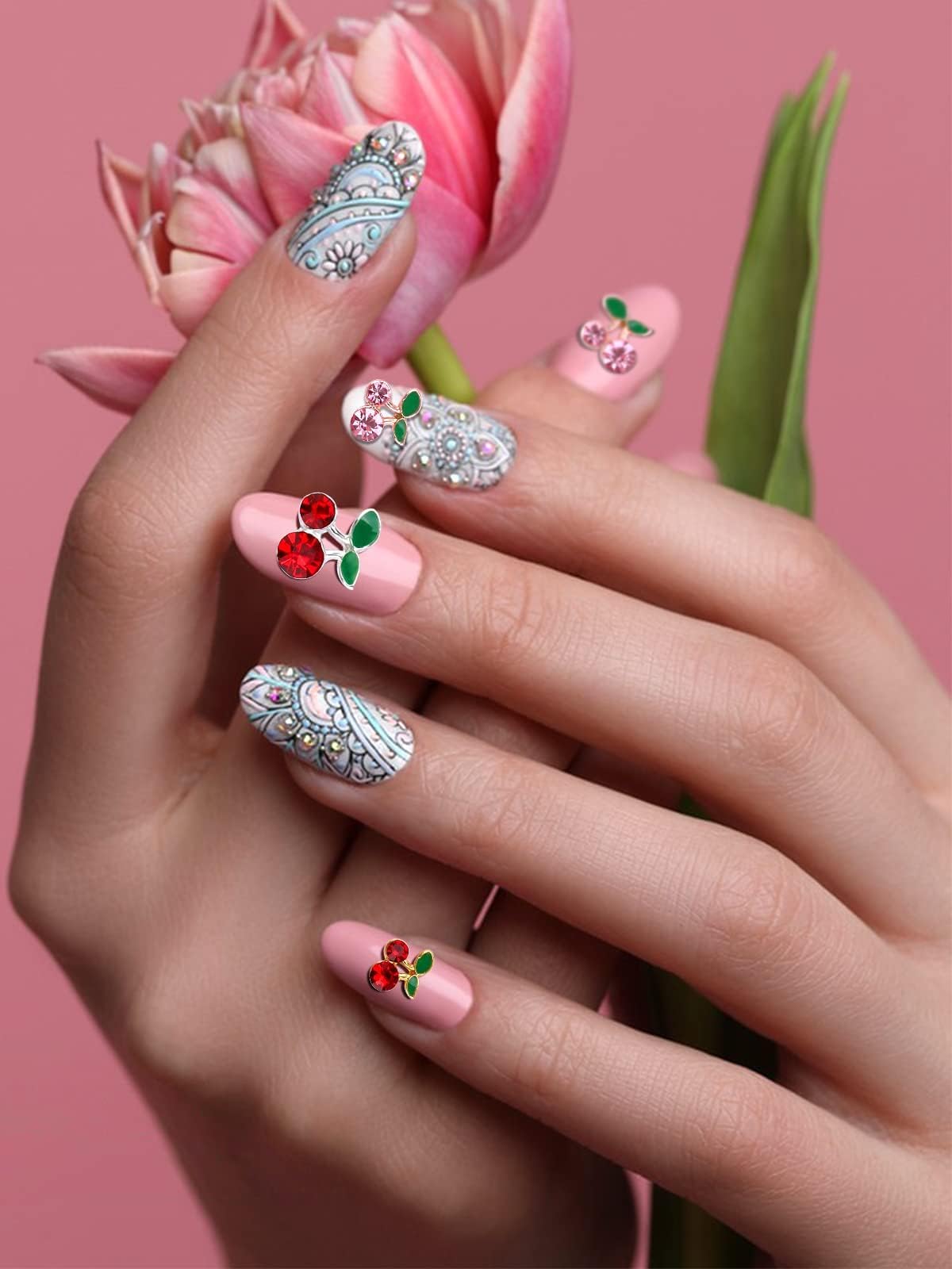 48Pcs Cherry Nail Rhinestones, Kalolary 3D Valentine's Day Charm Red Pink Fruit Diamond Crystal Nail Studs Alloy Nail Gems for Women Nail Art Decoration