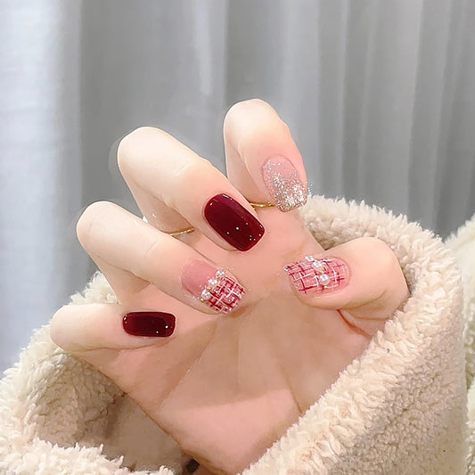 Press on Short Square Nails Glossy Full Cover Acrylic Short Length Square Red False Nails with Pearl Designs Artificial Square Shaped Fake Nails with Charms Glue ons Fingernails for Women Girls