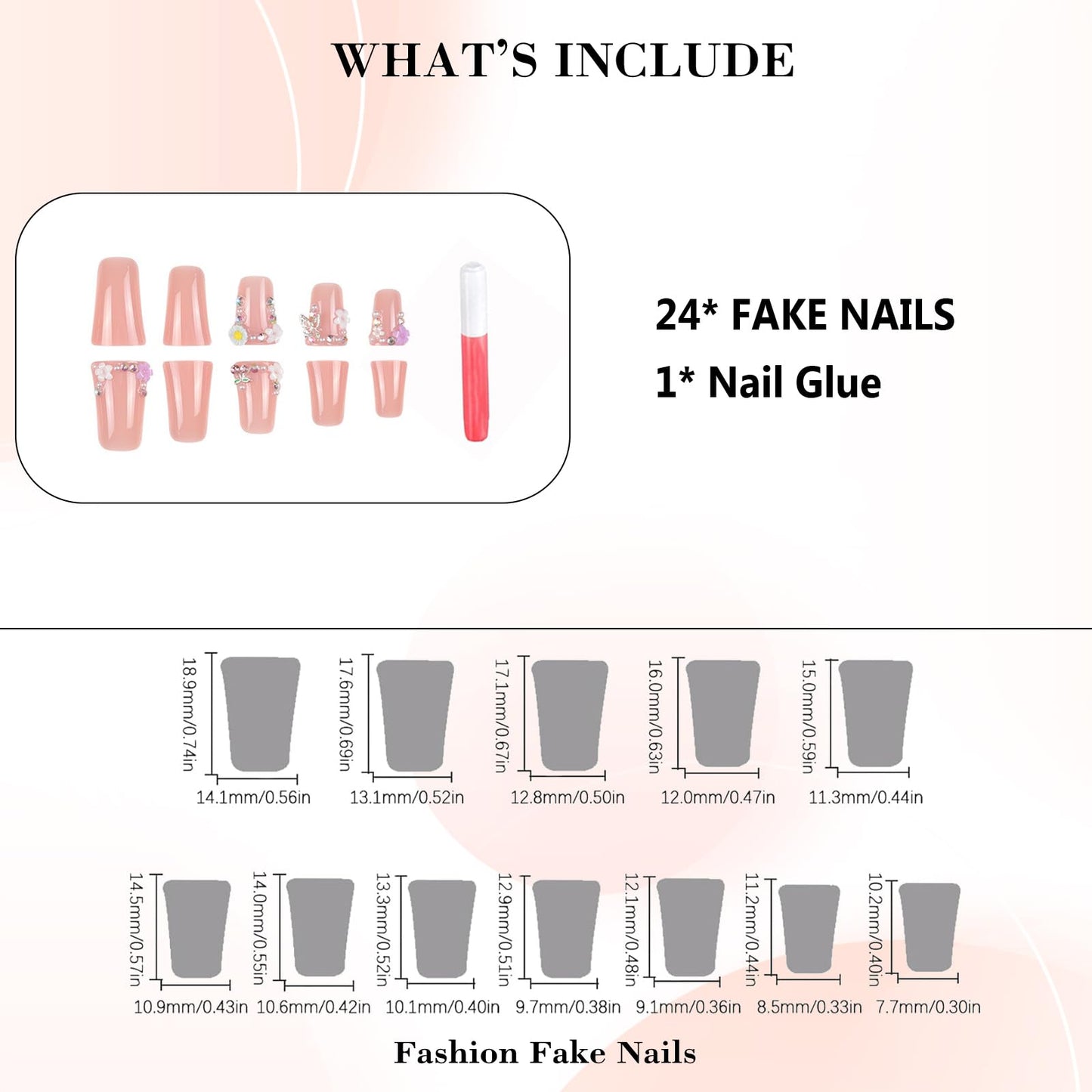 IMRAIN Duck Ombre Press on Nails - Gel Medium Fake Nails with Nail Glue, Rhinestone Flower French Nail Tips, Reusable Full Cover False Nails, Luxury Nude Acrylic Duck Feet Flared Glue on Nails