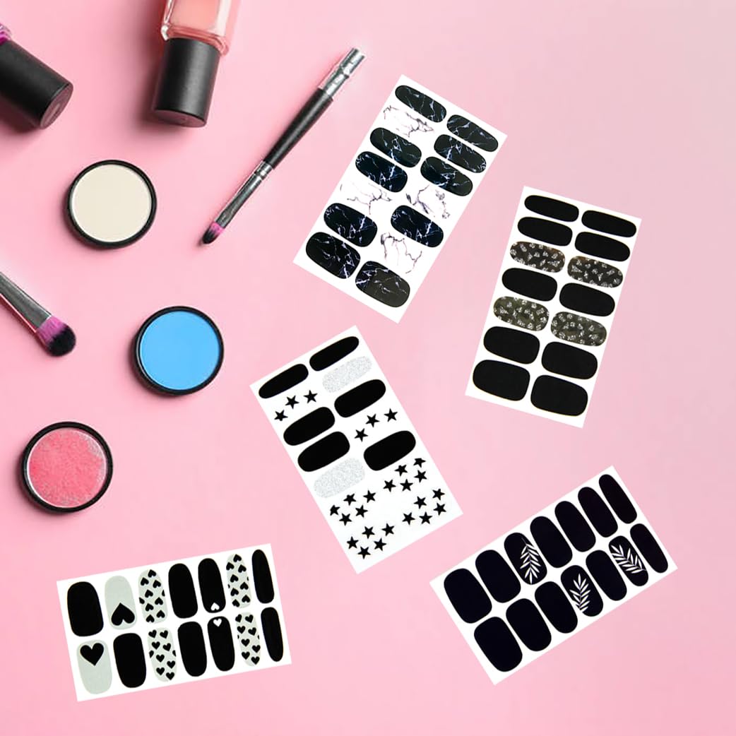JERCLITY 20 Sheets Black White Series Nail Polish Strips Black White Star Moon Heart Leaves Marbled Pattern Gel Nail Strips Black Nail Stickers Full Wraps for Women