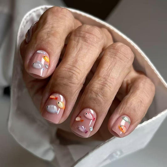 Summer Press on Nails - Short Square, Fish Design, Full Cover Glue on Nails for Women Manicure 24 Pcs