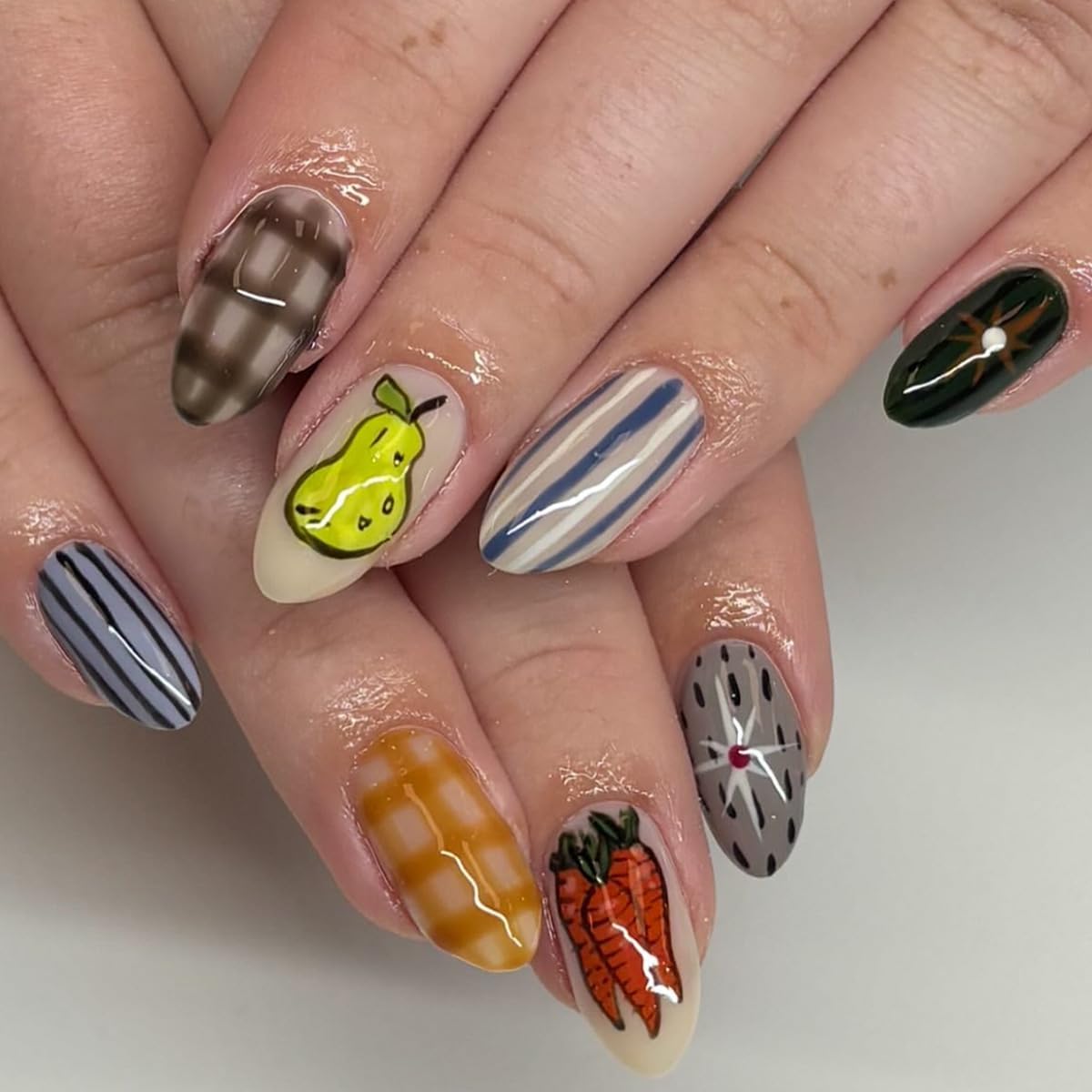 plalely Almond Press on Nails Long Funny Fake NailCute Pear and Carrot Print Acrylic Nail Press ons Funny Stripes Stick on Nails for Women 24pcs