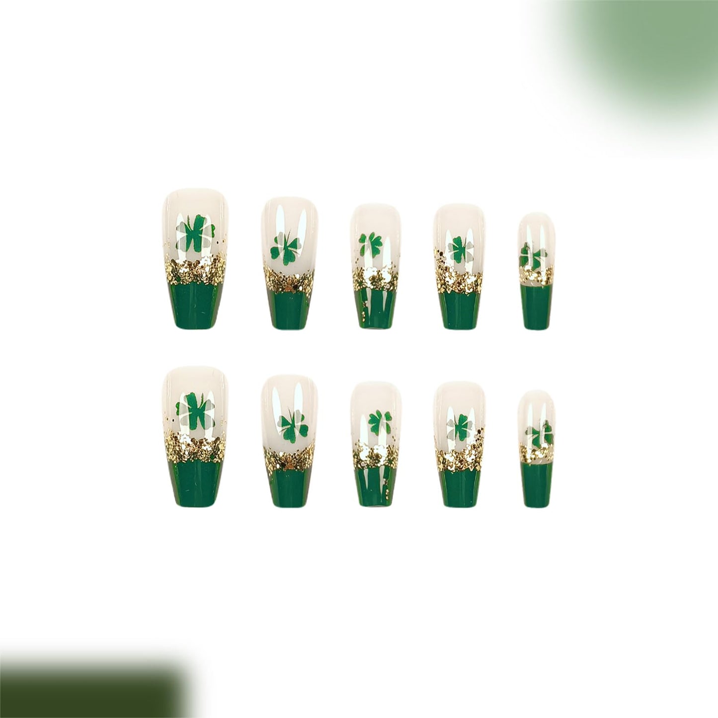 Gold Four-Leaf Clover Press on Nails Medium Square Fake Nails St. Patrick's Day False Nails Glitter Green French Acrylic Glue on Nails Stick on for Women Irish Holiday Manicure Decoration 24Pcs