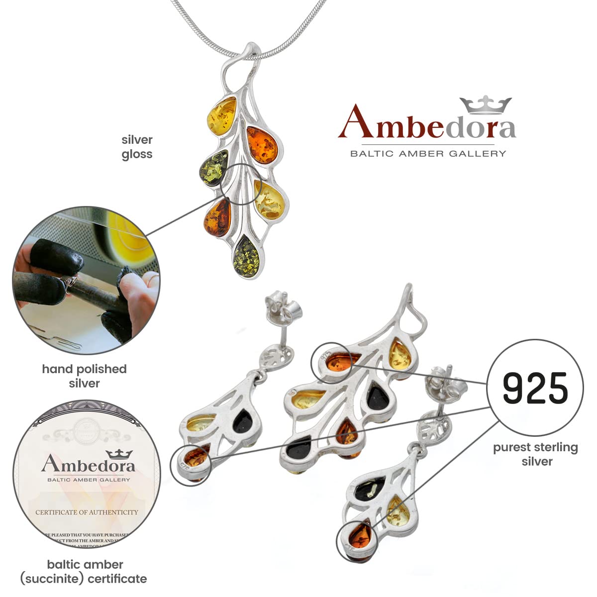 AMBEDORA Small Women's Jewellery Set Amber 458, Polished Sterling Silver, Colourful Baltic Amber, Silver Pendant on Chain and Earrings