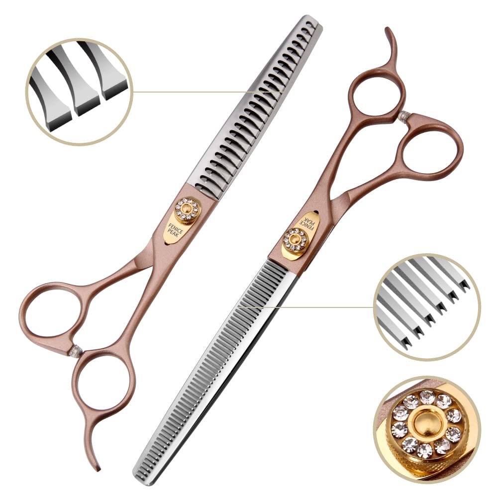 Fenice Peak 7.5‘’ Professional Dog Grooming Scissors Set Rose Gold 440C Stainless Steel Straight Thinning Curved Chunker Shears 4pcs Set for Pet Grooming Services Dogs and Cats