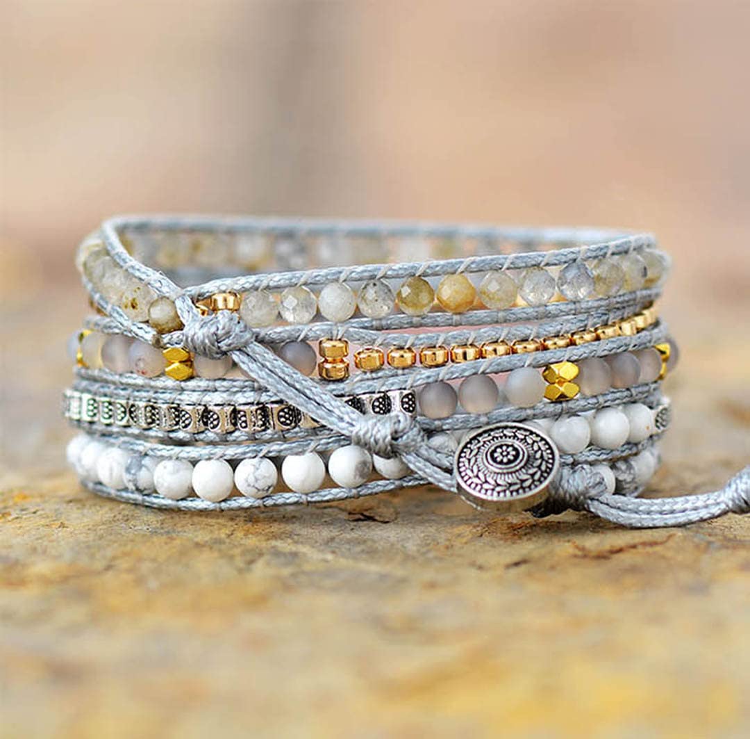 ZOSOJONA Women Wrap Bracelet Boho Natural Jasper Crystal Stone Beads Strand Bracelets (Pink Quartz)
