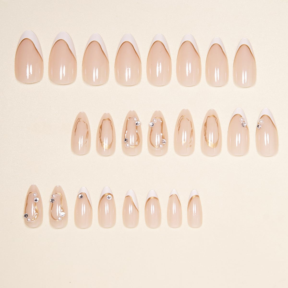 White French Tip Press on Nails Medium Almond Fake Nails Luxury Gold Line Design 3D Pearl Rhinestones Acrylic Nails Nude Full Cover Glue on Nails Reusable French False Nails for Women Manicure 24Pcs