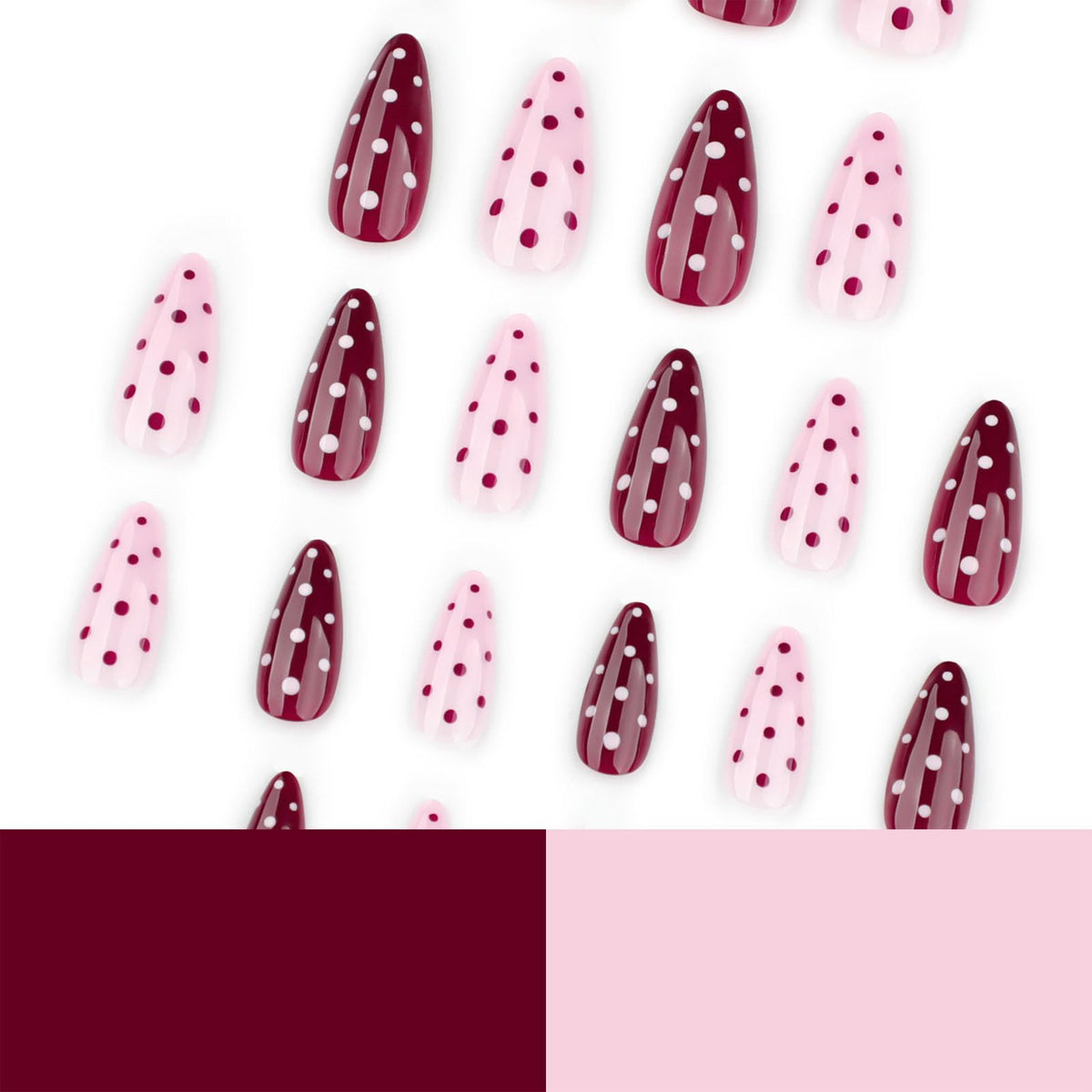 IMSOHOT Press on Nails Medium Almond Fake Nails with Polka Dot Pattern Designs Cute Pink Red Glossy Glue on Nails Acrylic False Nails for Women Nail Decoration