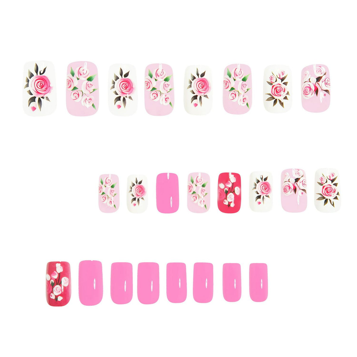 Pink Press on Nails Medium Length Fake Nails with Rose designs Acrylic Press ones Full Cover Romantic Valentine Glue on Nails Glossy Reusable Stick on Nail for Women Finger Manicure Decor24pcs