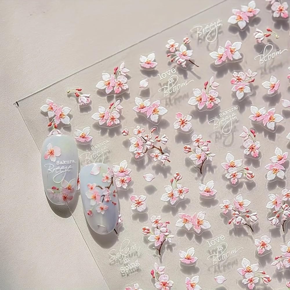 5D Embossed Flower Nail Stickers for Nail Art Designs 1PCS Cherry Blossoms Nail Decals Spring Summer Manicure Sliders Self-Adhesive Floral Supplies Pink Flower Nail Art Stickers for Nail Decoration
