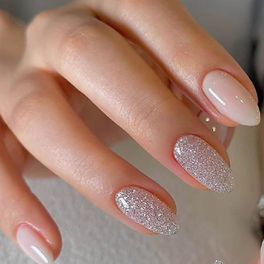 Hkanlre Fake Nails Bling Tips Full Cover Almond False Medium Nails Gradient Press on Nails for Women 24PCS
