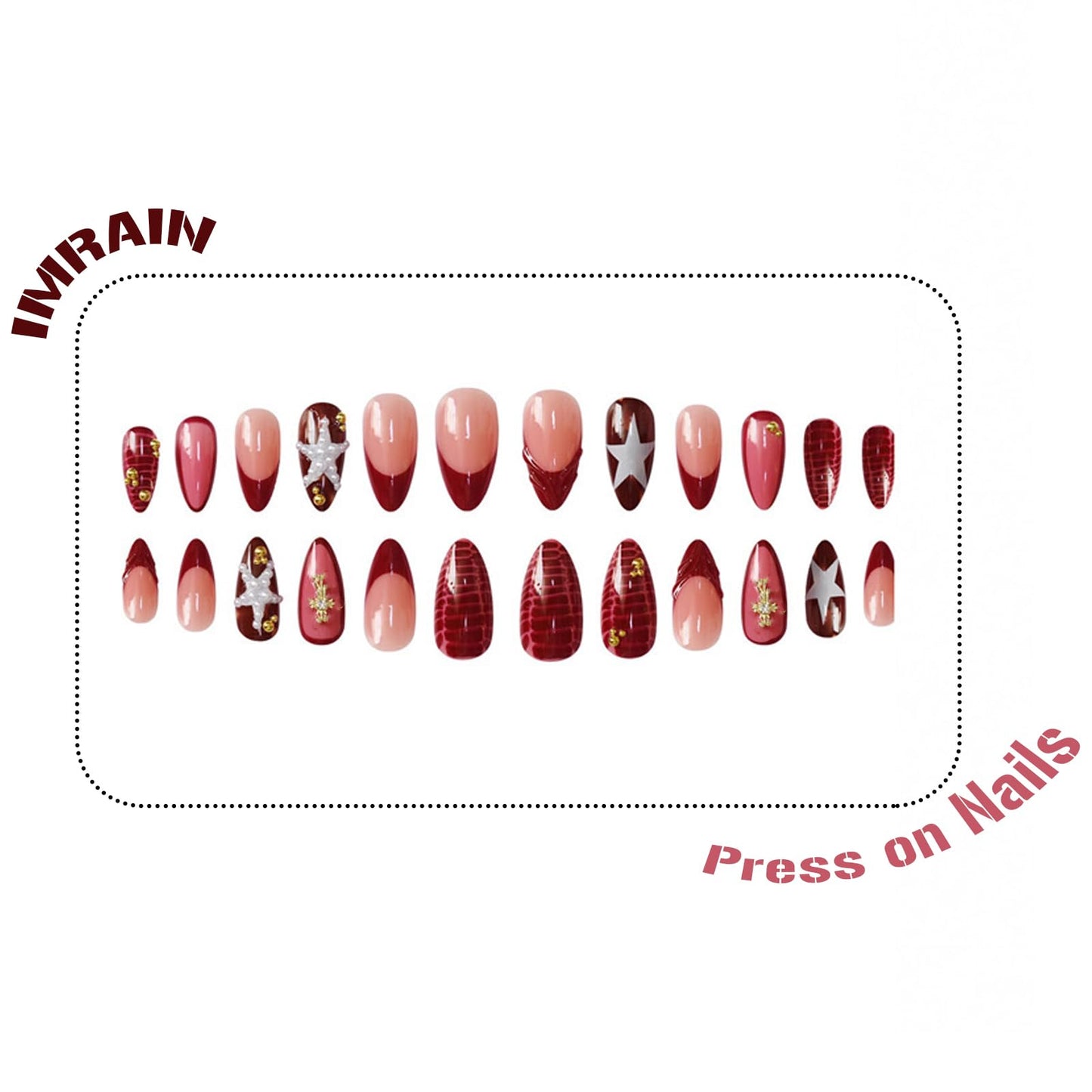 IMRAIN Press on Nails Medium Almond Fake Nail with White Pearl Star, Wine Red French, Golden Cross Designs Full Cover Glossy Glue on Nails for Women 24Pcs Acrylic Handmade False Nails