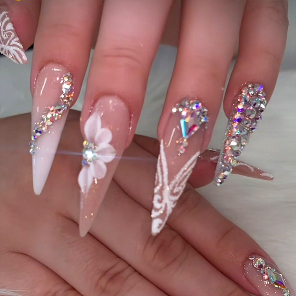 IMRAIN Press on Nails Long Stiletto Fake Nails Nude White French Tips Full Cover Almond Artificial Glitter False Nails with Rhinestone Designs Glossy Glue on Acrylic Nail Supplies 24Pcs