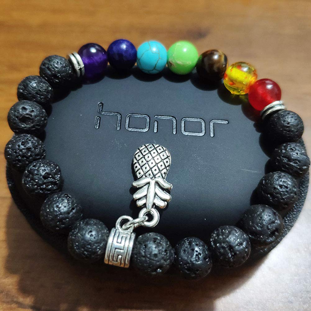 JczR.Y Seven Chakra Gemstone Bracelet Handmade Lava Rock Stone Beads Bracelet Stretch Adjustable Pineapple Charm Natural Healing Crystal Stones Yoga Prayer Fashion Jewelry(Lava Rock Chakras)