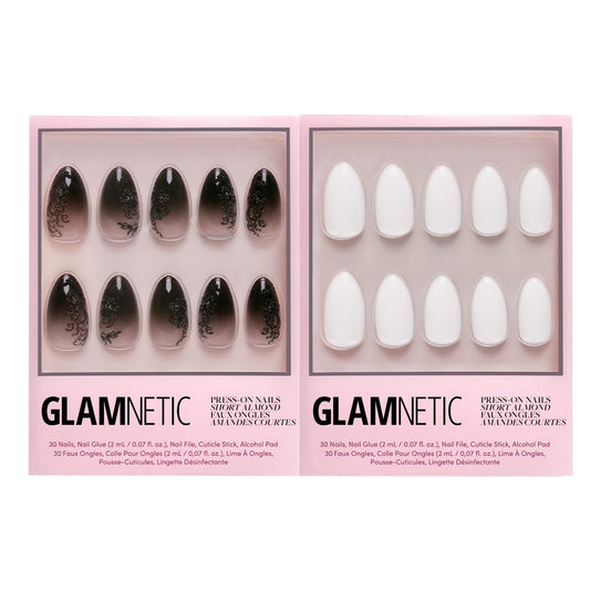 Glamnetic Press-On Nails Bundle - 'Til Death & Angel | Ombre 3D Lace Short Almond Fake Nails | Opaque White Short Almond Nails | Durable, Salon-Quality Nail Kits