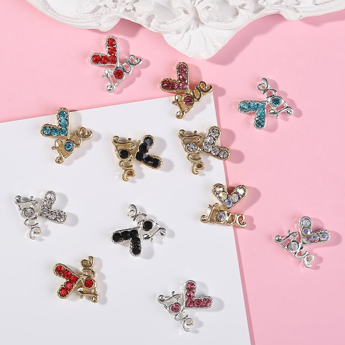12Pcs 3D Heart Nail Art Charms Silver Nail Charms Heart Nail Accessories Rhinestones Diamond Alloy Nail Gems for Women Girls Valentine's Nail Art Design DIY Craft Jewelry