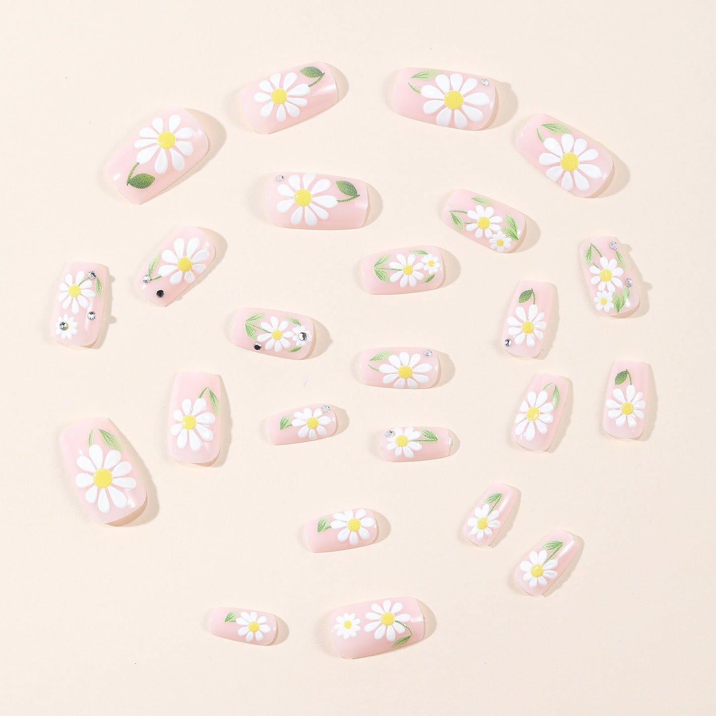 Spring Press on Nails White Flower Fake Nails Short Square False Nails with Rhinestone Design Floral Glue on Nail Full Cover Glossy Daisy Acrylic Nails Summer Artificial Stick on Nails for Women 24Pcs