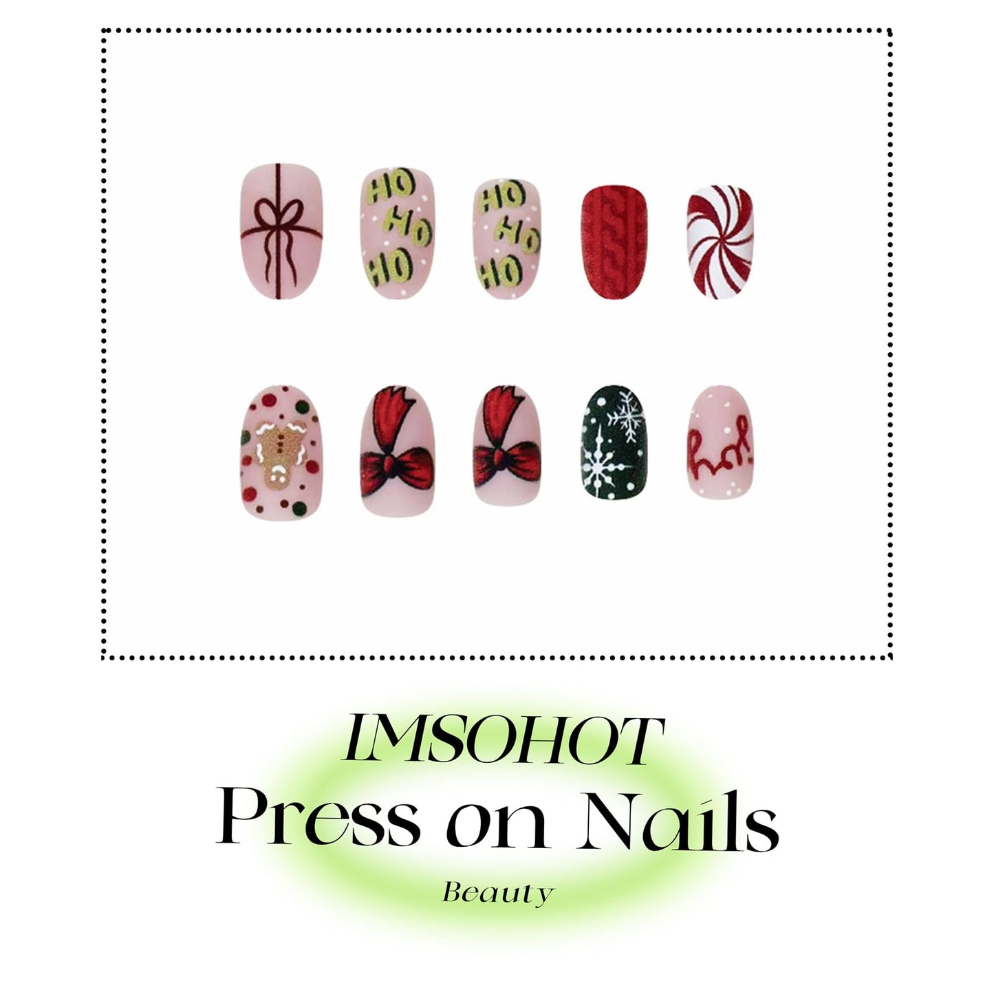 IMSOHOT Press on Nails Short Oval Fake Nails Matte Red Green Round False Nails with Bow, Snowflake Designs Cute Acrylic Full Cover Glue on Nails for Women Girls 24Pcs