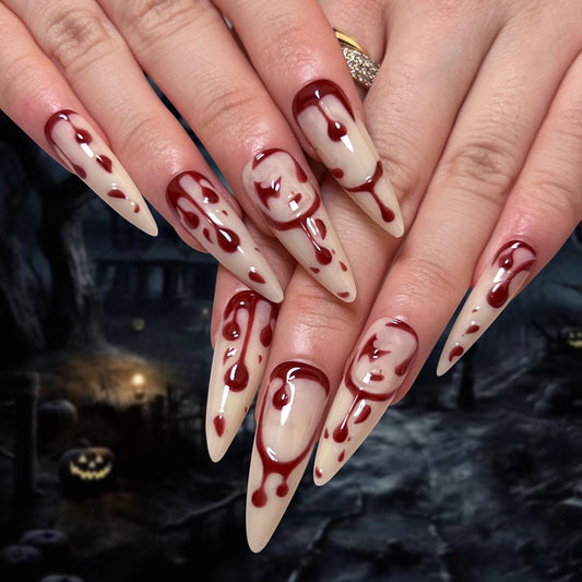 Halloween Press on Nails Long Almond Fake Nails Blood Design Stick on Nails Glossy Stiletto False Nails Artificial Reusable Full Cover Acrylic Glue on Nail for Women Nail Art Decoration 24Pcs