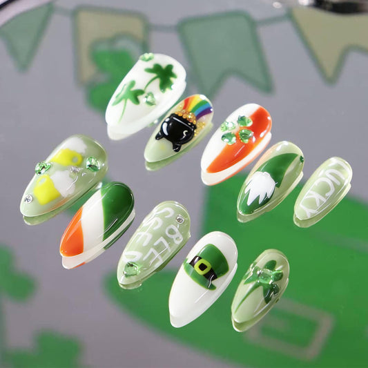 24Pcs St. Patrick's Day Press On Nails Medium Almond Fake Nails with Shamrocks Rhinestones Designs Rainbow Acrylic Nails Hat Dwarf Lucky Clover False Nails St Patricks Day Glue on Nails for Women