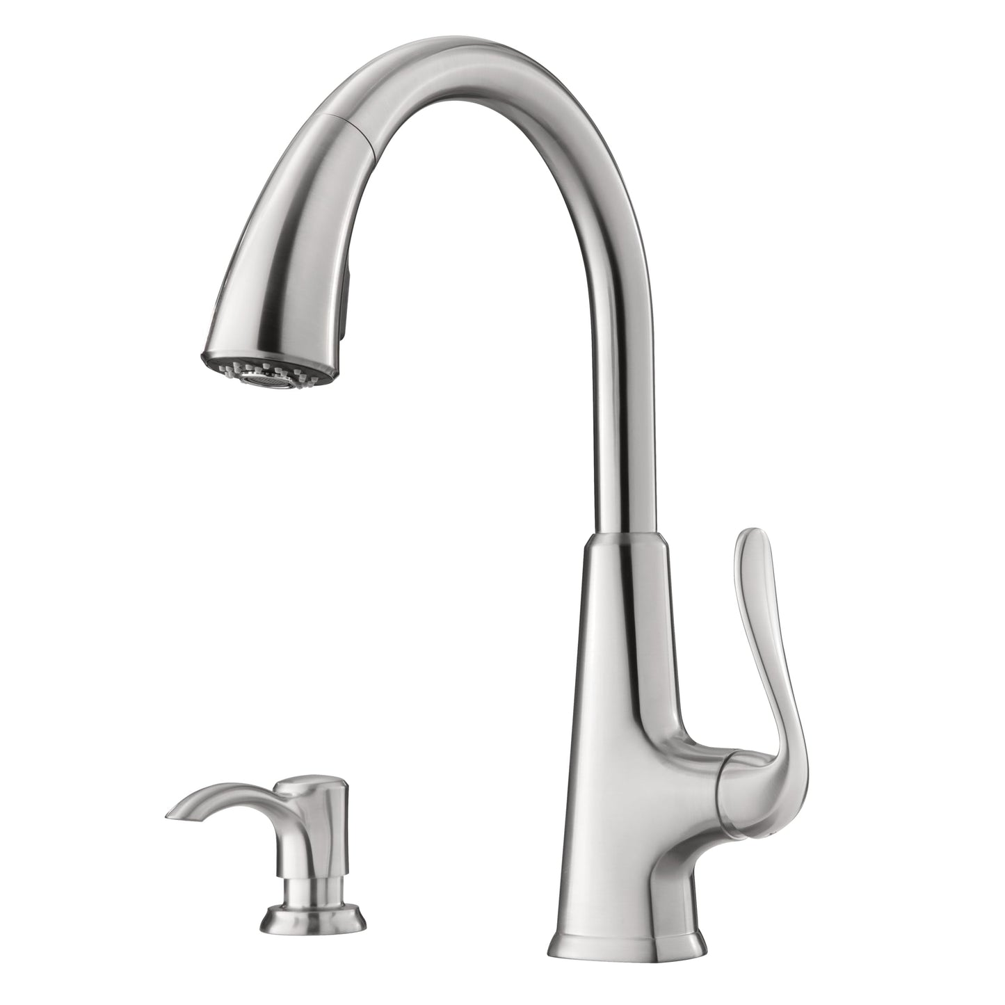 Pfister Pasadena Kitchen Faucet with Pull Down Sprayer and Soap Dispenser, Single Handle, High Arc, NSF Certified, Stainless Steel Finish, F5297PDS