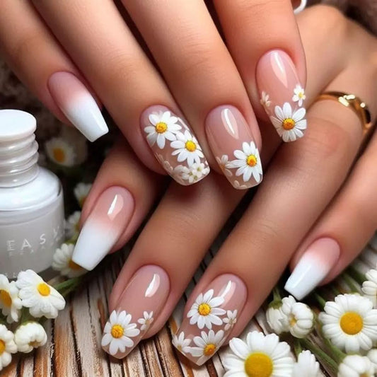 Medium Press on Nails Coffin - Flower Fake Nails with Daisy Design - Summer Full Cover Stick on False Nails - for Women 24 Pcs
