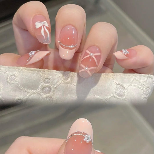 TENPAL French Tip Press on Nails Short Oval,Blush Pink Checkered Fake Nails with Hand-Painted 3D Pearl Bows,Ballerina Sweet False Nails Reusable Full Manicure Kit 10pcs Ballerina Sweet Nails(S)