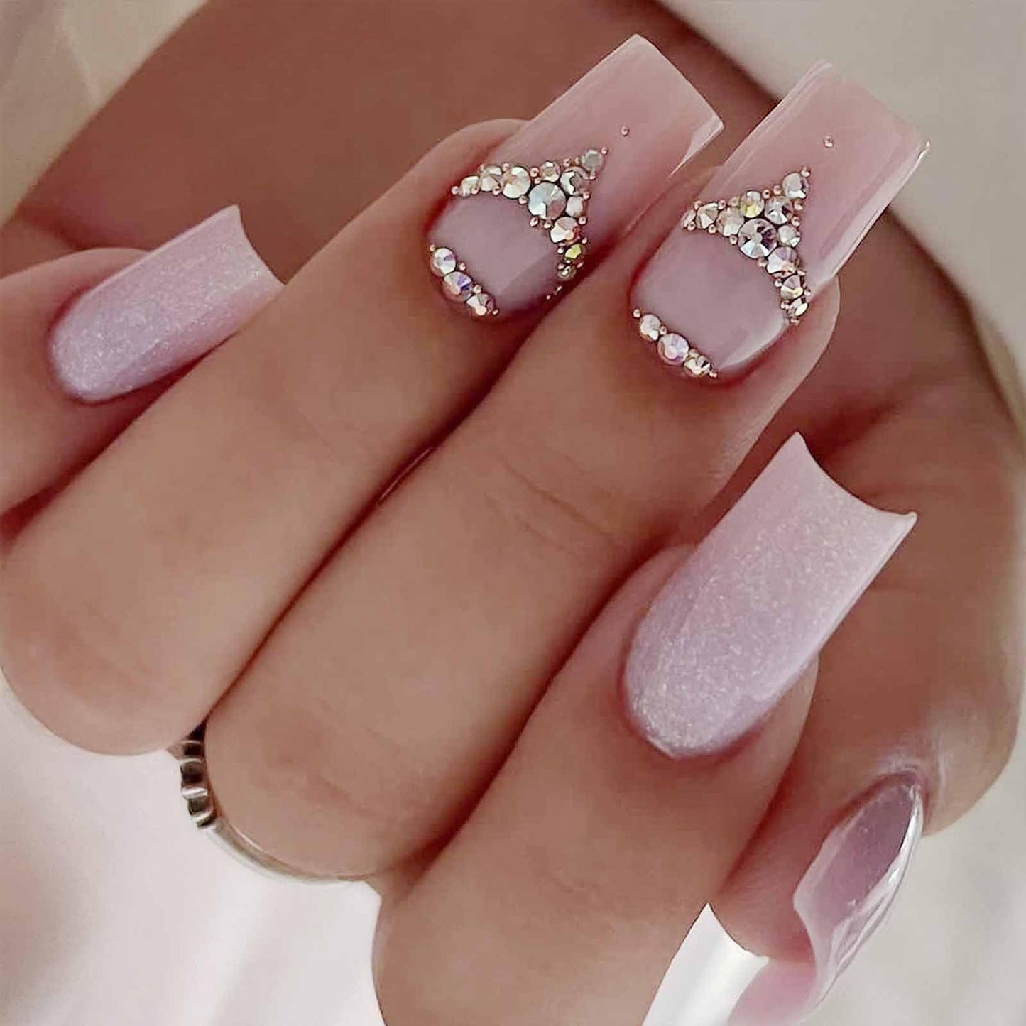 IMSOHOT Press on Nails Medium Square Rhinestone Pink Fake Nails Bling Glitter Glossy False Nail Artificial Glue on Nails Finger Manicure for Women and Girls 24pcs