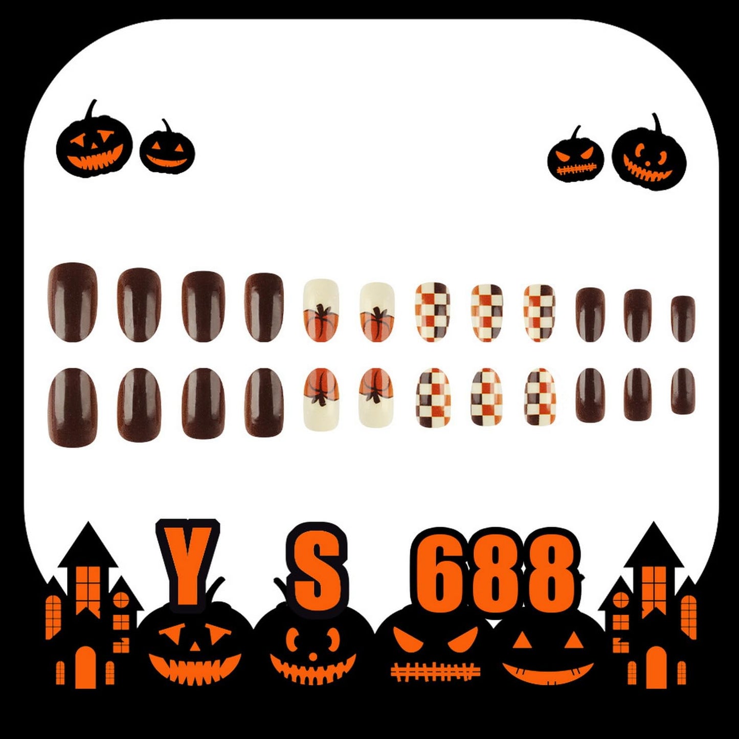 Fall Press on Nails Short Almond Fake Nails Brown False with Grid Pumpkin designs Halloween Glue Glossy Full Cover Thanksgiving Stick on Nails for Women Girls DIY Manicure24pcs
