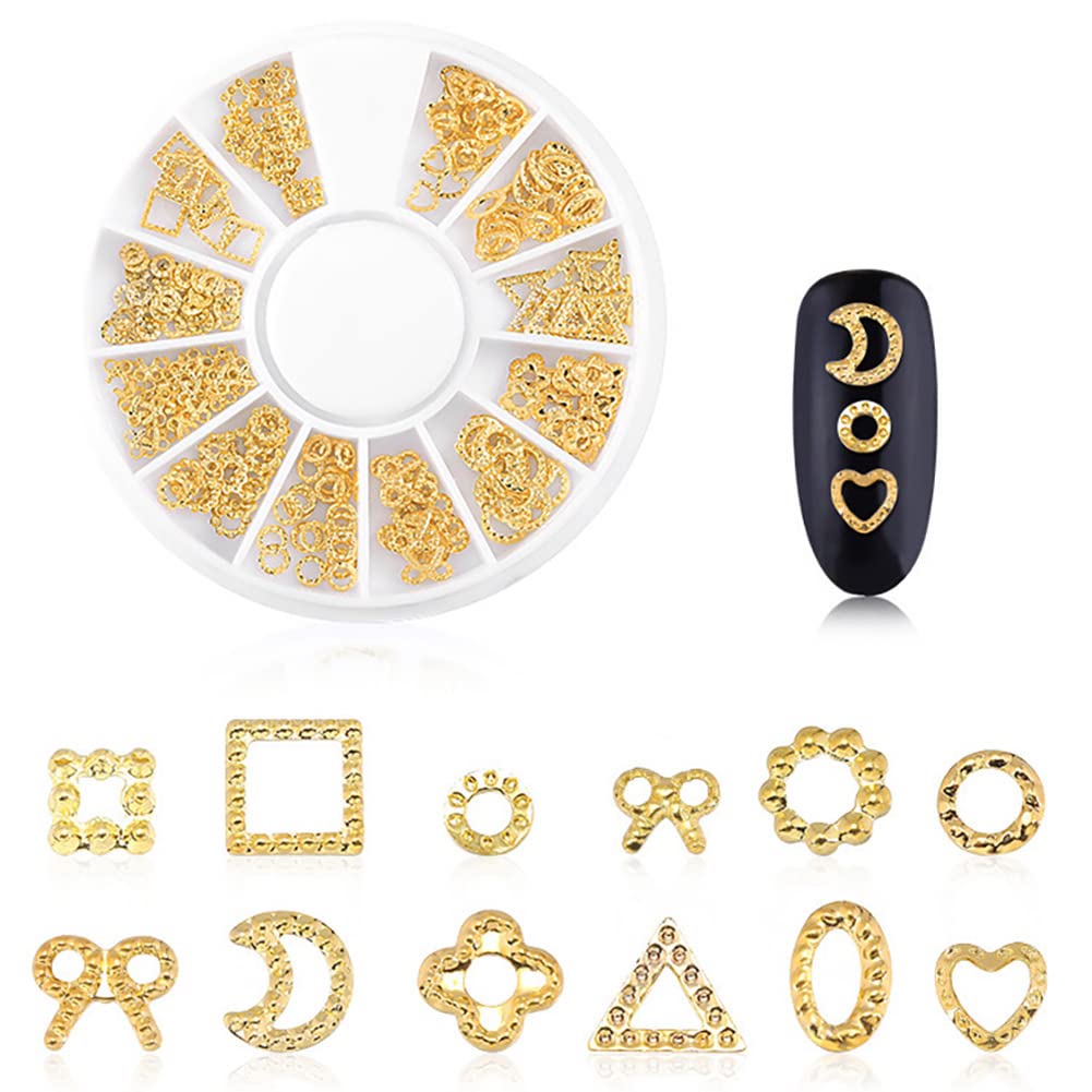 DANNEASY Gold Nail Studs Metal Nail Charms 3d Nail Art Charms Manicure Decoration Kit Star Moon Shell Cross Flower Nail Jewels with 1pc Curved Tweezers, Wax Pen (6 Wheels)