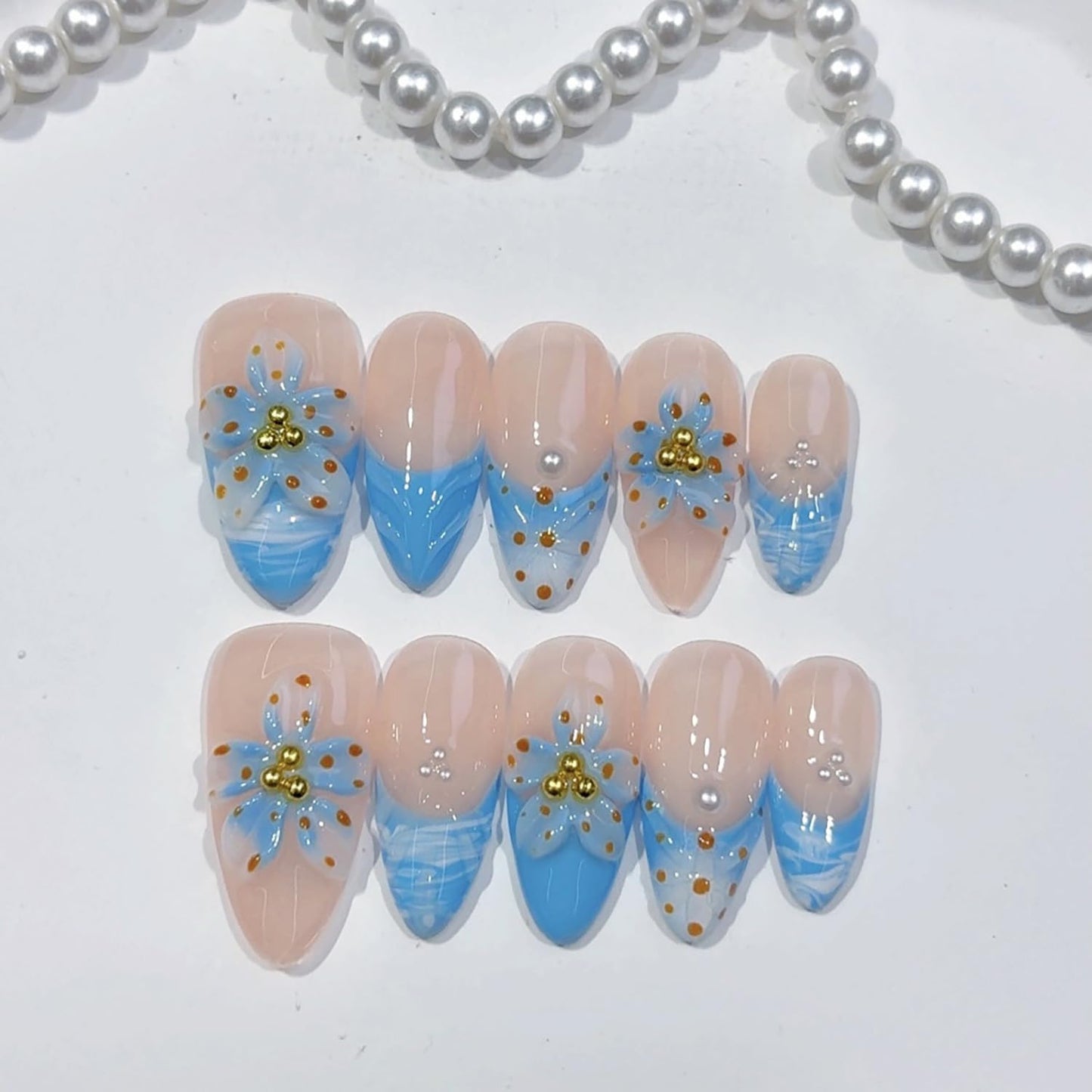 Handmade Press On Nails – Medium Almond False Nails for Women, Reusable Acrylic White French Tip with Flowers & 3D Pearl Design – Salon Quality Fake Nails 10Pcs(S)
