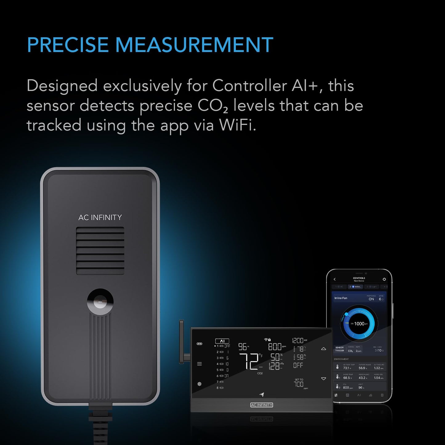 AC Infinity CO2 + Light Sensor, Exclusively Assists Controller AI+ Dynamically to Learn and Manage Equipment; CO2 Data Tracking Enables Smart Fan Programming for Optimized FAE, Day & Night Scheduling