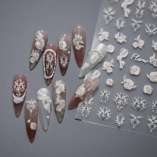 White Flower Nail Sticker 5D Embossed Pearl Flower Nail Art Sticker Self Adhesive Nail Decals Self Adhesive Summer Floral Nail Art for Women Manicure Supplies Nails Art Decorations