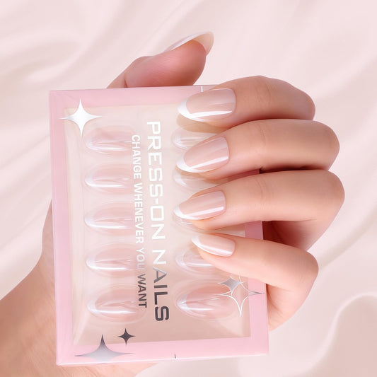 French Tip Press On Nails Acrylic - Short Almond Fake Nails Press ons, Reusable Glossy 30 Nail Kit with Glue, Adhesive Tabs, File, Manicure Stick, Prep Pad for Salon Quality or Fall Style