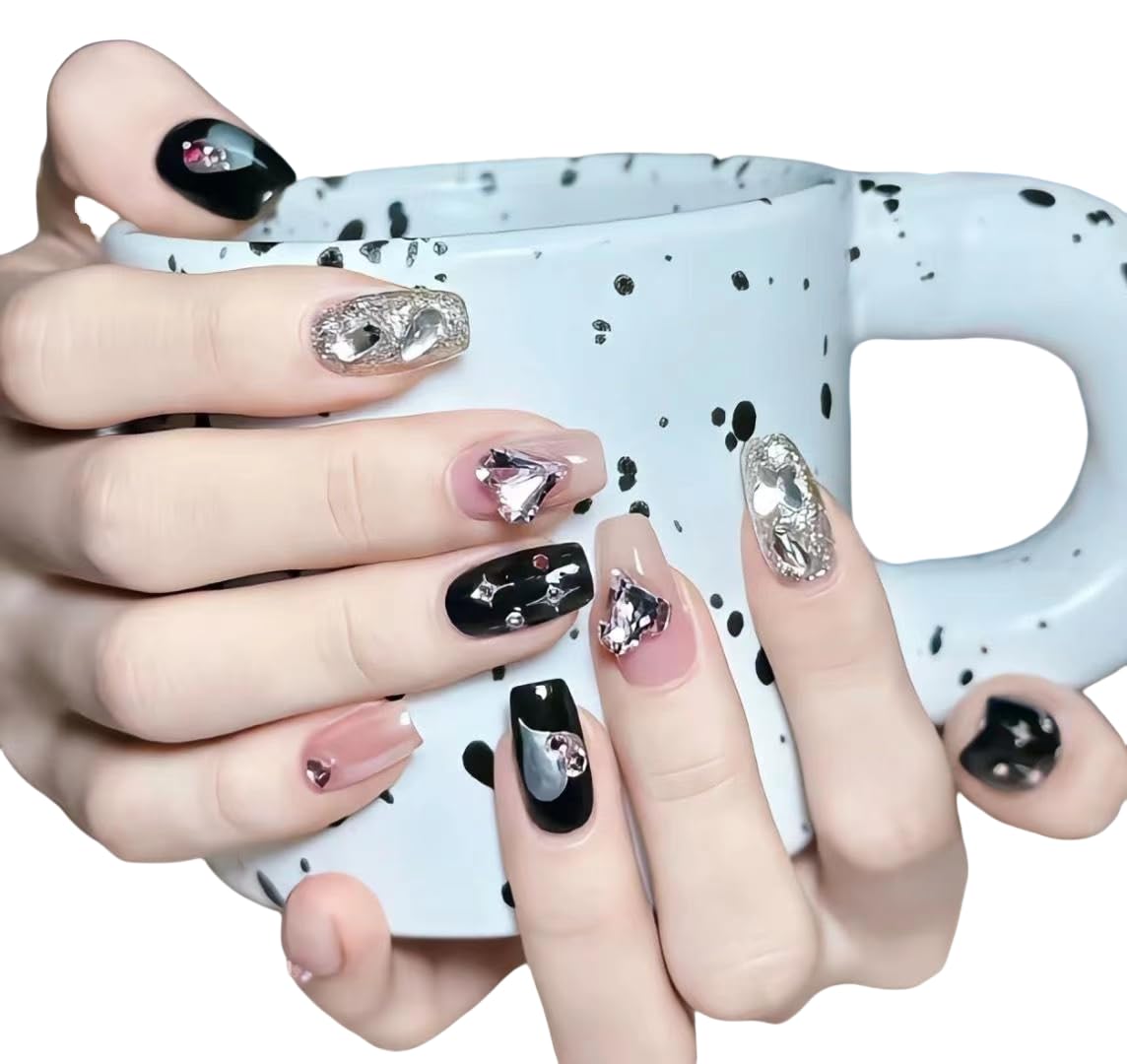 Handmade 10Pcs Dark Press on Nails Fake Nails with 3D Y2k Irregular Silver Design Pearl Jewelry False Nails Glitter Artificial Glue on Nails Gothic Stick on Nails for Women (MT-115, L)