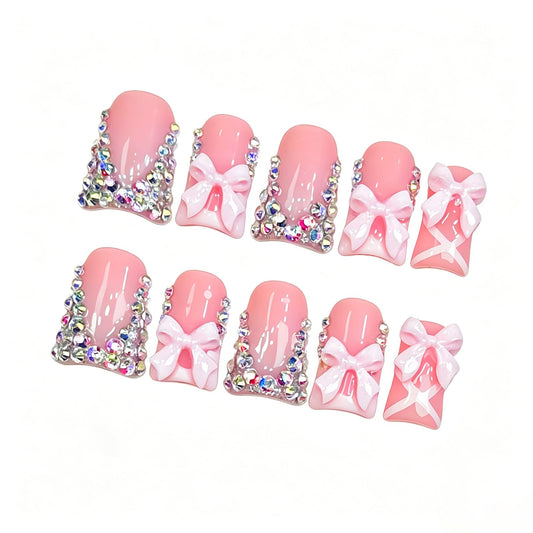 Exylixor Handmade Press on Nails Short Duck Shape - Romantic Balletcore Pink Fake Nails, 3D Bows & Rhinestone Flared False Nails, Coquette Style, 10 Pcs for Women (Size M)