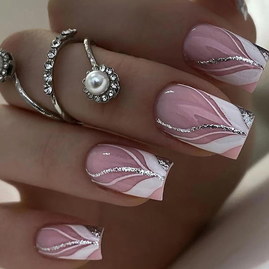 Vezocim Pink Artificial Fake Square Nails, 24Pcs Press on Nails Medium Coffin with French Line Designs, Glossy Full Cover Acrylic False Nail, Glue Fake Fingernails with Charm for Women