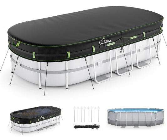 UIRWAY 10x16 FT Oval Pool Cover with Reflective Strips for Above Ground Pool, Oval Solar Pool Cover Including Windproof Rope Tie and Luminous Ground Nails, Swimming Pool Cover with 2 Handles