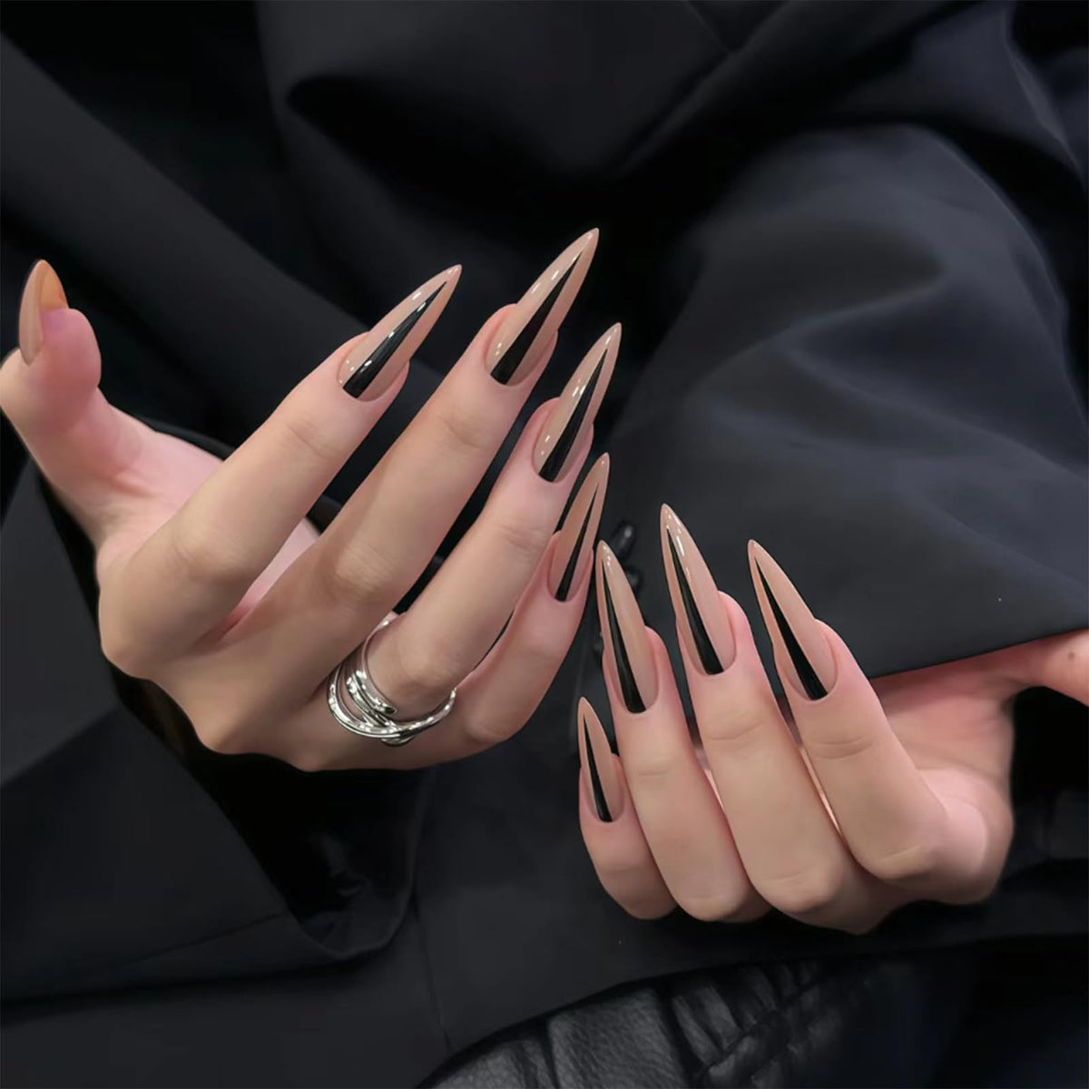 IMRAIN Press on Nails Long Stiletto Fake Nails Nude Glossy Glue on Nails Full Cover Goth Nail Supplies DIY Acrylic False Nails for Women Girls 24Pcs