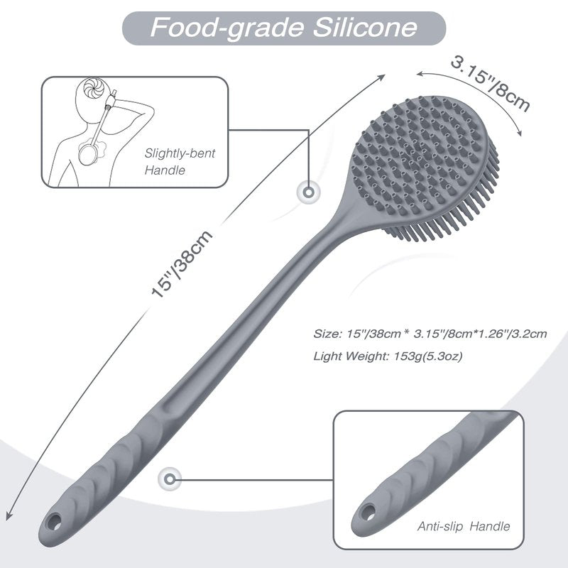 Manmihealth Silicone Back Scrubber(Thick Bristles) & Soft Bath Glove Set, Super-Exfoliating Body Scrubber & Super-Lathering Shower Brush Combination, with a Free Hook.(Gray)
