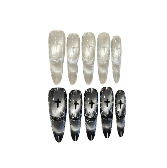 Gothic Fake Nails Set | Stiletto Almond Fake Nails with Silver Crackle & Black Gradient | Long Press on Nails for Women | Dark Aesthetic Nail Art (S)