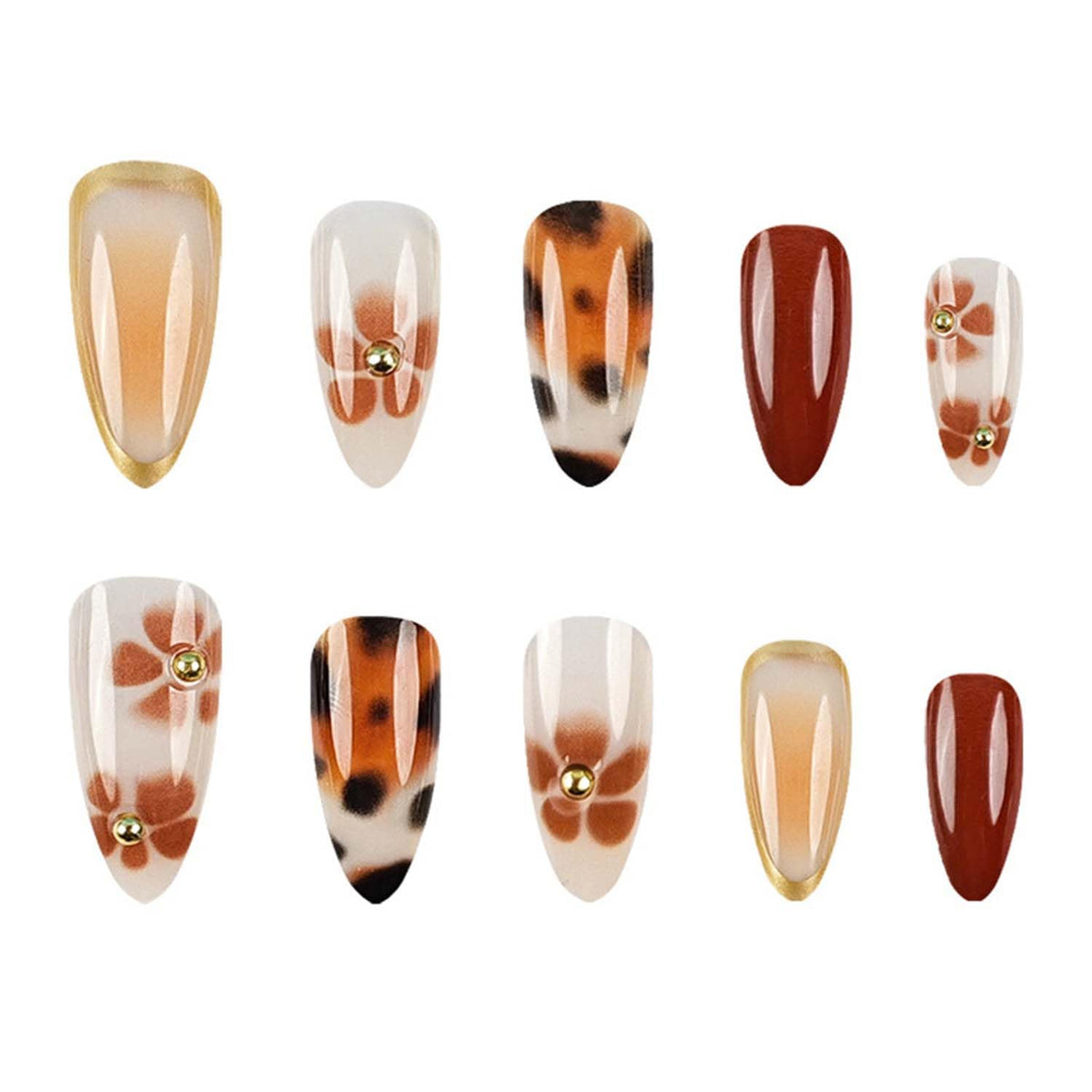 Medium Almond Press On Nails Brown Fake Nails Leopard Print With Flower Gradient Design Fall False Nails Reusable Glue On Nai Acrylic Stick On Nail For Women Girls DIY Manicure 24pcs