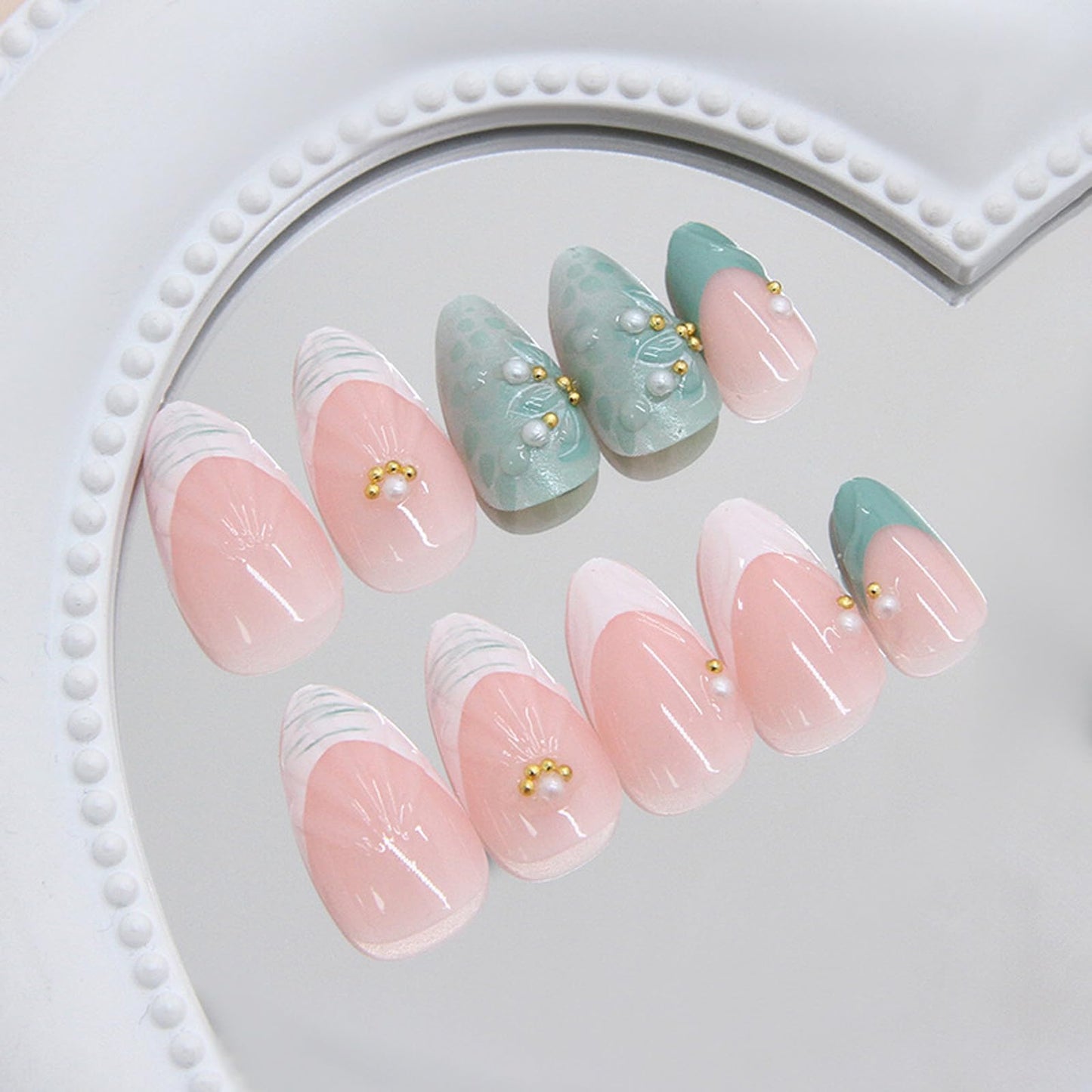 IMSOHOT Medium Press on Nails Almond Fake Nails White French Tips False Nails Full Cover Green Glossy Glue on Nails Gel Handmade Acrylic Nail Supplies for Women Girls Manicure Decoration